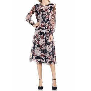 VINCE CAMUTO Black Floral Timeless Blooms Cinch Waist Midi Dress sz L Women's
